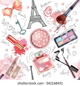 Seamless cosmetics  and fashion background  with  make up artist objects. Vector illustration.