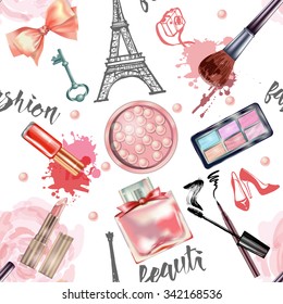 Seamless cosmetics  and fashion background  with  make up artist objects. Vector illustration.