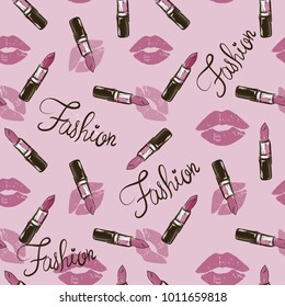 Seamless cosmetics pattern with make up artist objects: lipstick, lipstic kiss , lip gloss, pink background with slogan fashion