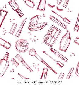 Seamless Cosmetics  Pattern With  Make Up Artist Objects. Vector Illustration.