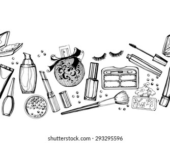 Seamless cosmetics  pattern with  make up artist objects. Vector illustration.