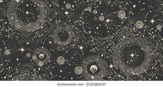 Padrão de boho cósmico contínuo com estrelas no fundo preto para tarô, astrologia. Céu místico com órbitas, ornamento abstrato para astrologia. Ilustração vetorial.