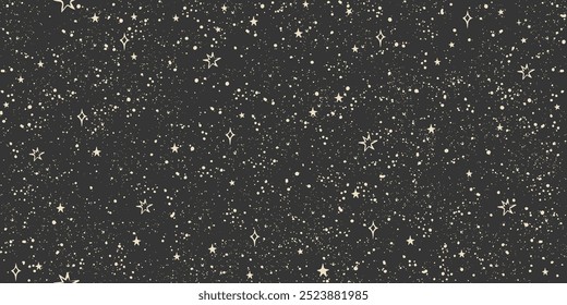 Seamless cosmic boho pattern with stars on black background for tarot, astrology. Mystical sky with abstract ornament for horoscope. Vector illustration.