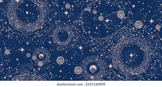 Seamless cosmic boho pattern with stars on blue background for tarot, astrology. Mystical sky with orbits, abstract astrology banner. Vector illustration.