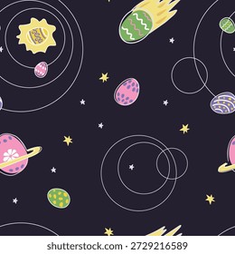 Nahtloses kosmisches Eiermuster mit Raketen, UFOs und Sternbildern im niedlichen Cartoon Space Style auf dunklem Hintergrund