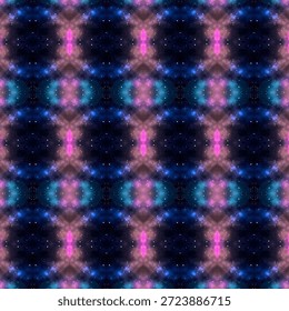 Seamless cosmic galaxy pattern with kaleidoscope symmetry, stars and nebula colors, perfect abstract background and science art. Golden keywords: galaxy, abstract, space, seamless, pattern