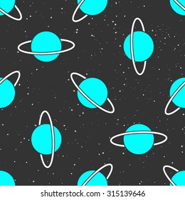 Seamless cosmic pattern with cute blue planets on a black starry sky background in pop-art style