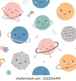 Seamless cosmic pattern. Cute cartoon planets and stars. Vector illustration