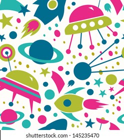 Seamless cosmic pattern. Decorative space background with stars, rockets, spaceships, comets