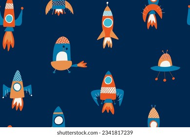 Patrón cósmico impecable con diferentes cohetes y OVNI al estilo de las caricaturas. Fondo infantil con platillo volador y nave espacial. Ilustración vectorial para tela, cubierta, envoltura, etiqueta. 