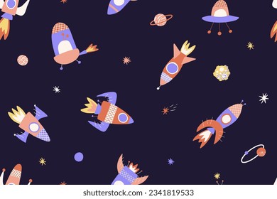 Seamless cosmic pattern with different rockets, UFO and planets in cartoon style. Childish astronomical background. Vector illustration for fabric, cover, wrapping, label. 