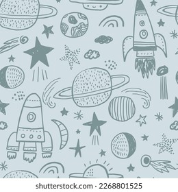 Seamless cosmic pattern with hand drawn space elements. Pastel childish universe texture. Vector illustration