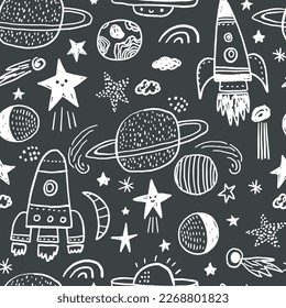 Seamless cosmic pattern with hand drawn space elements. Monochrome childish universe texture. Vector illustration