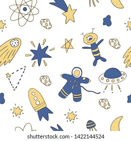 Seamless cosmic pattern on white background with space elements - rocket, astronaut, alien, stars and UFO. Blue and yellow colors. Cute doodle design for kids