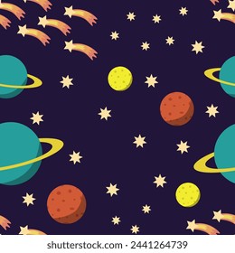 Un patrón cósmico sin fisuras. Planetas, meteoritos y estrellas. Iconos de dibujos animados de planetas. Artículos para niños para reserva de chatarra. Fondo de los niños. Dibujado a mano ilustración vectorial