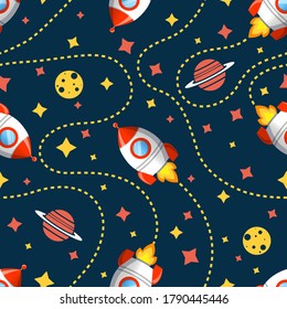 Seamless cosmic pattern with rocket, saturn, moon and star. Space pattern on dark background