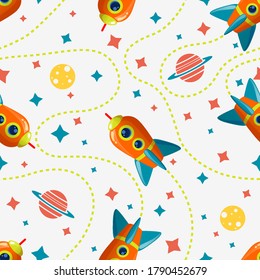 Seamless cosmic pattern with rocket, saturn, moon and star. Space pattern on white background