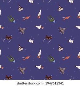Seamless cosmic pattern with spaceships and rockets in outer space. Endless sky background with spacecraft and futuristic shuttles. Colored flat cartoon vector illustration of printable texture