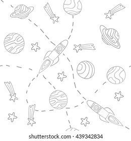 Seamless cosmic pattern with spaceships, stars, rockets. Perfect for children bed clothing, room decoration and party invitations.