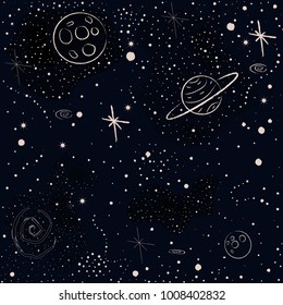 Seamless Cosmic Pattern with stars, planets, spiral galaxies and constellations. Hand Drawn with Brush. Vector Illustration