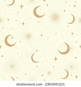 Seamless cosmic space pattern with sun, crescent and stars on a beige background.