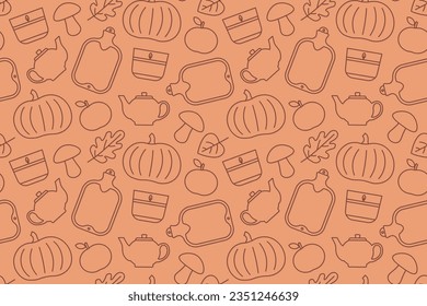 seamless cosy autumn pattern with hot water bottle, apple, leaves, tea kettle, mushroom, burning cande and pumpkin icons; great for wallpaper, greeting card, textile- vector illustration