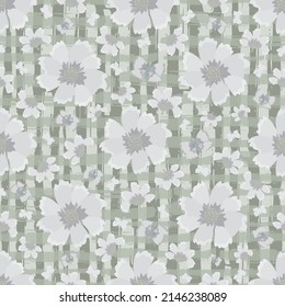 Seamless cottage garden flower and butterfly vector pattern in ecru beige canvas farmhouse style. Hand drawn country flowers and butterflies on textured backdrop. Rustic cottagecore aesthetic repeat.