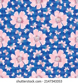 Seamless cottage garden flower and butterfly vector pattern in blue pink canvas farmhouse style. Hand drawn country flowers and butterflies on textured backdrop. Rustic cottagecore aesthetic repeat