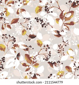 seamless with cotton flowers. Pattern of delicate floral wreaths. Decorative motif for a seamless ornament,herbs, flowers, leaves and berries on beige background. 