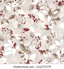 seamless with cotton flowers. Pattern of delicate floral wreaths. Decorative motif for a seamless ornament,herbs, flowers, leaves and red berries on beige background. 