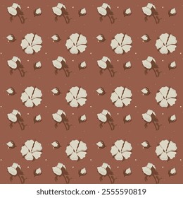 Seamless cotton pattern, botanical illustration, Mocha Mousse color, vintage, textile print, fabric design, wallpaper, packaging, repeating pattern, surface pattern design, minimalist design.
