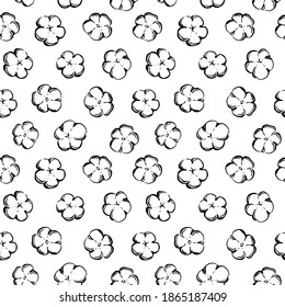 Seamless cotton pattern with flowers and fruits on a white background. Ideal for wrapping paper, greeting cards, textiles, wallpaper. Black outline ink ketch style.