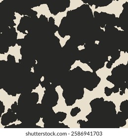 Seamless country animal pattern. Cowhide texture with black spots on white. Mammal fur print. Leather design. Vector illustration