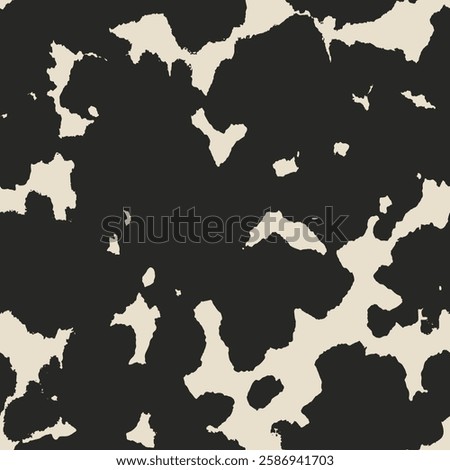 Seamless country animal pattern. Cowhide texture with black spots on white. Mammal fur print. Leather design. Vector illustration