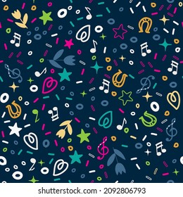 Seamless Country Music Pattern With Heart, Horseshoe And Star, Vector Design For Paper, Fabric And Other Surface