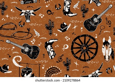 seamless country pattern with guitar, horse and country boy boot, vector design for paper, fabric and other surface