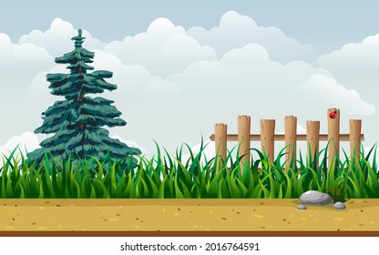 nahtlose Landschaftskarikaturenlandschaft. endloser Parallaxenhintergrund mit Tannenbaum, Gras, Boden, Steinen auf der Straße, Zaun und blauem Himmel. Sonnige Sommertage, horizontale Illustration zum Spieldesign