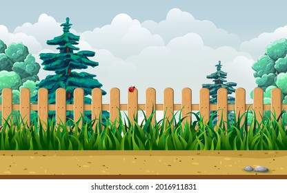 Seamless Countryside Or Garden Landscape With Wooden Fence, Grass, Trees And Bushes. Nature Endless Parallax Game Background. Farm Or Backyard Cartoon Style Illustration. Summer Horizontal Scene