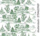 Seamless Countryside Pattern with Houses and Trees. Vintage Toile de Jouy Pattern 