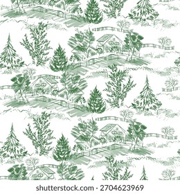 Seamless Countryside Pattern with Houses and Trees. Vintage Toile de Jouy Pattern 