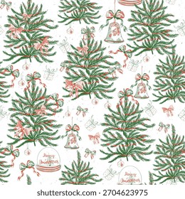 Patrón de campo sin fisuras con casas y árboles. Antiguas Toile de Jouy Pattern 
