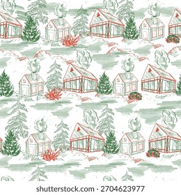 Patrón de campo sin fisuras con casas y árboles. Antiguas Toile de Jouy Pattern 