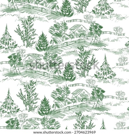 Seamless Countryside Pattern with Houses and Trees. Vintage Toile de Jouy Pattern 