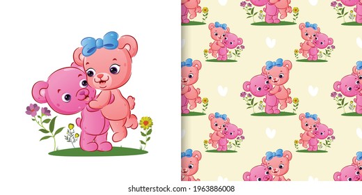 The seamless of the couple bear are lifting the body with the flowers ornament of illustration