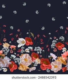 Seamless Coupon. Garden flowers, realistic pattern. Print for textiles, wallpaper, postcards, packaging.