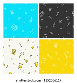 Seamless cover design with School theme and elements. book, pencil, brush, alarm clock, backpack, ruler illustration. creative wallpaper design.