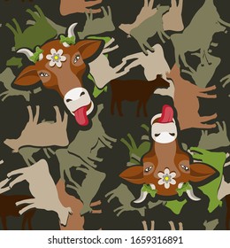 Seamless Cow Face Silhouette Pattern On Dark Green Background. Vector Image Eps 10