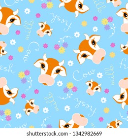 Seamless cow pattern. Animal blue background with cute cows and flowers. Vector illustarion. 