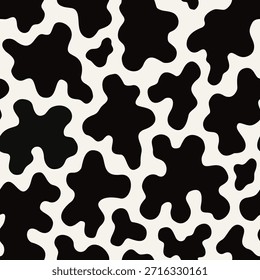 Seamless cow pattern with black and white organic spots inspired by animal hide texture in modern abstract style for fabric textile wallpaper surface design.