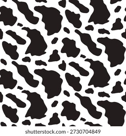 Seamless cow pattern with black and white spots on dairy background. Holstein animal skin texture with irregular patches and stains for farm-themed design. Vector illustration with milk splash motifs.